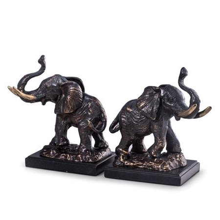 BEY BERK INTERNATIONAL Bey-Berk International R18P Cast Metal Elephant Bookends with Bronzed Finish on Black Marble Base R18P